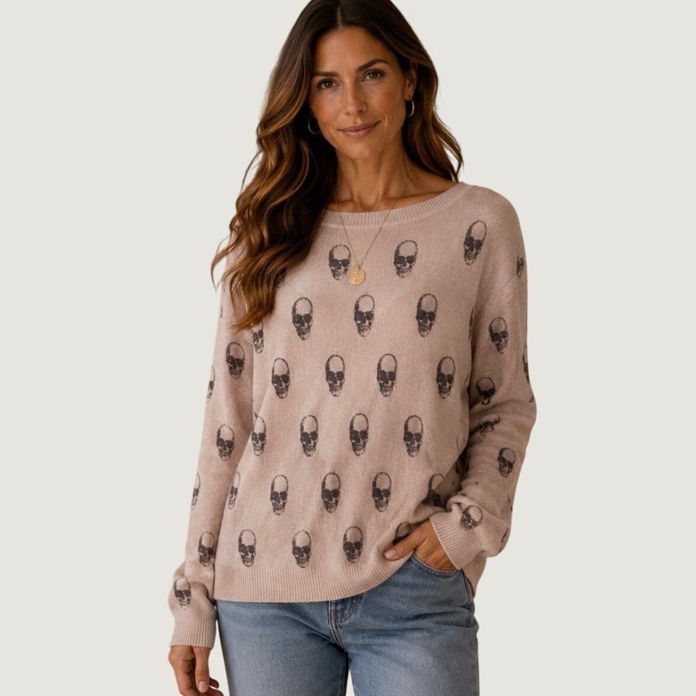 360 Cashmere Light Pink Scull Print 100% Cashmere Oversized Sweater XS